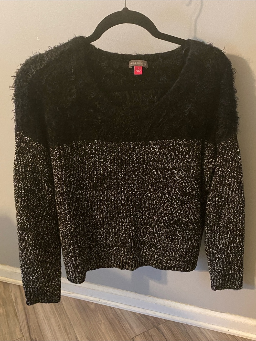 Vince Camuto Black & Gray Fuzzy Yoke Crewneck Sweater